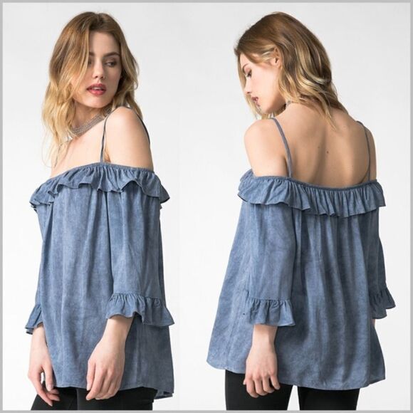 Mineral Washed Ruffled Off Shoulder Top - Picture 2 of 5
